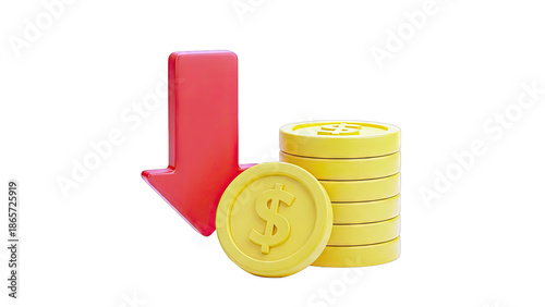 Red Arrow Pointing Down Next to Stack of Gold Coins