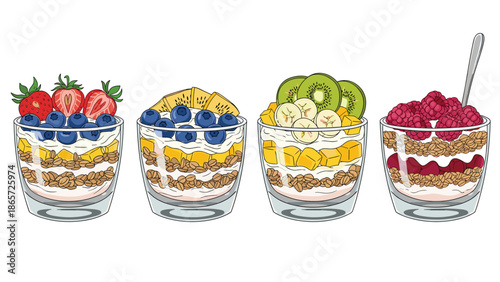 Row of four delicious fruit yogurt parfaits with granola topped with strawberries, blueberries, mango, kiwi, and fresh raspberries.