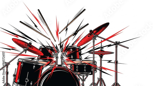 A dynamic illustration of a drum kit with red and black accents and energetic lines radiating from it, conveying a sense of power with music