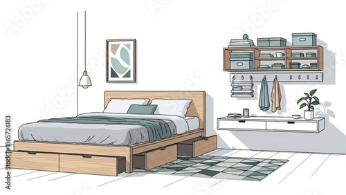 A modern bedroom with a wooden bed frame, green and gray bedding, a hanging pendant light, a shelf with storage boxes and a plant with clean