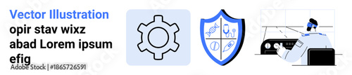 Gear, shield with icons, and person analyzing control panel in workspace. Ideal for technology, security, innovation, mechanics, cyber safety, monitoring systems simple landing page