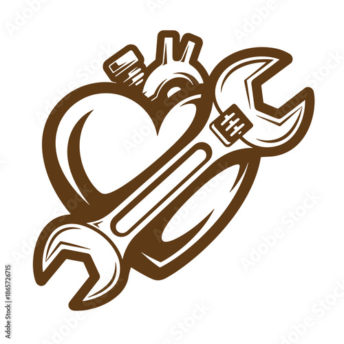 Vintage brown heart with adjustable wrench on white background symbolizing love for mechanics and fixing things  heart with tool