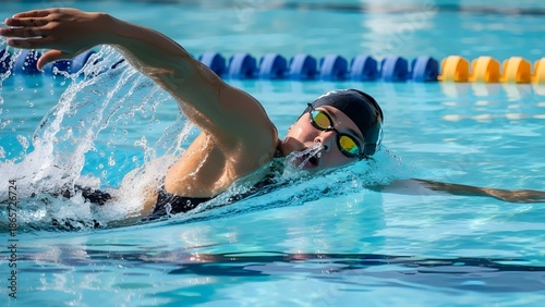 Young woman swimming freestyle in a swimming pool with goggles on her face.