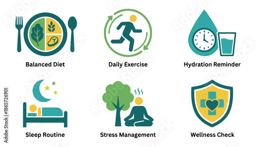 Healthy lifestyle icons diet exercise hydration sleep mindfulness immunity