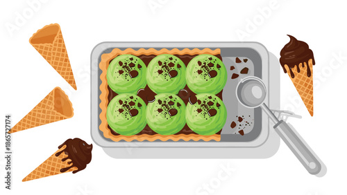 Delectable mint chocolate tart topped with green ice cream scoops and chocolate shavings, served with cones and a professional metal scoop.