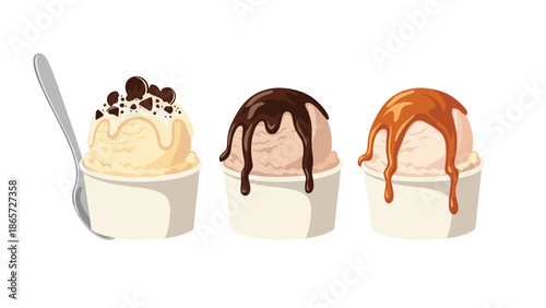 Three delightful cups of ice cream with various toppings including chocolate chips, dark chocolate syrup, and caramel sauce with a silver spoon.