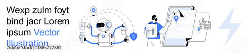 Artificial intelligence, navigation, innovation, technology, futuristic design, user interface concepts. a robot interacting with a human, maps and mobile designs. Artificial intelligence