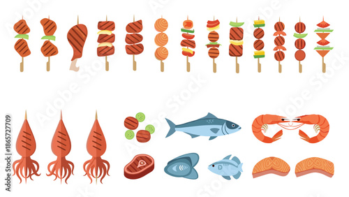 Wide variety of barbecue ingredients including meat skewers, vegetable kebabs, squid, fish, shrimp, and steaks ready for grilling.