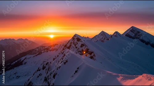 Snowy mountain peaks silhouetted against a vibrant sunrise sky