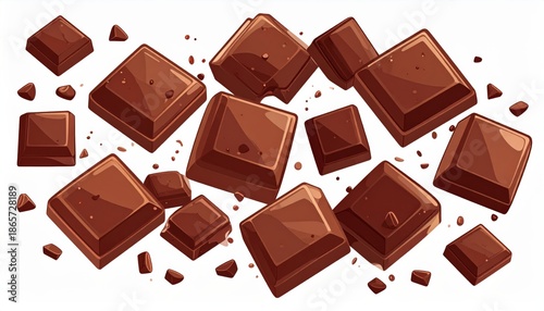 Assorted chocolate pieces and chunks on a white background.