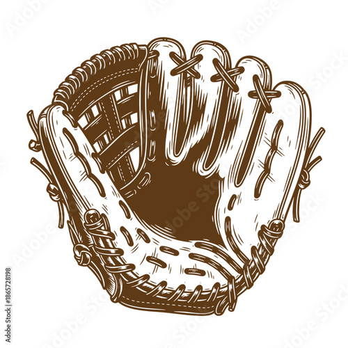 Vintage Brown baseball glove illustration with laces and stitching on white background  sports equipment