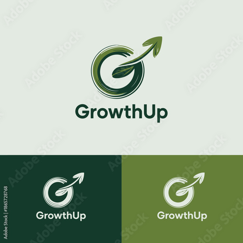 Green and dark green with stylized G and arrow symbolizing growth and upward movement