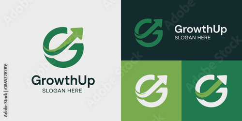 Green and white stylized letter G with arrow and Growth Up text on various backgrounds