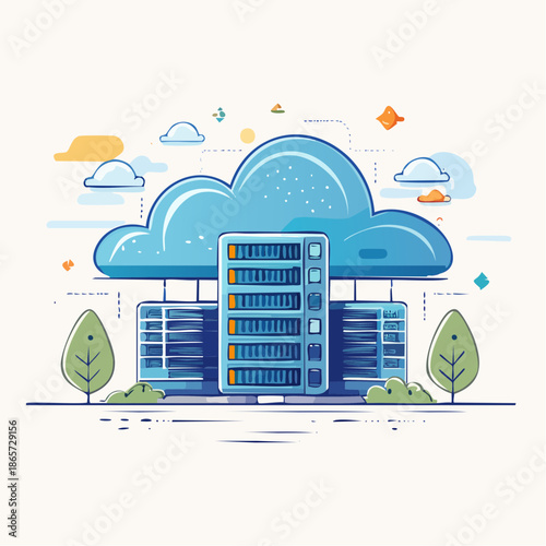 Flat Vector Illustration of Cloud Computing Technology with Data Server Rack and Digital Network Storage System
