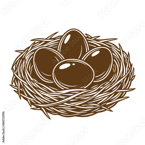 Vintage Brown bird eggs in a twig nest isolated on transparent background