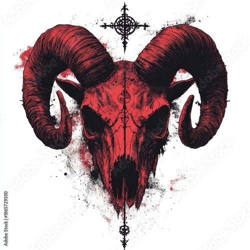 Demonic goat skull with intricate arcane sigils and symbols  evoking a sense of dark  gothic horror  The features a black and dark red color scheme against a white background