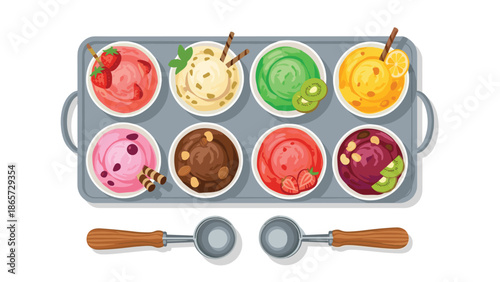 Assorted colorful ice cream scoops served in individual white bowls on a gray metal tray, garnished with fresh fruits and wafers.