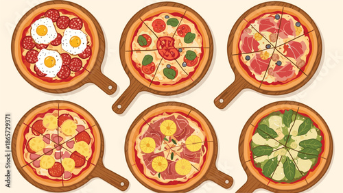 Assortment of artisanal pizzas with different toppings like eggs, pepperoni, tomatoes, greens, and prosciutto on wooden paddles.
