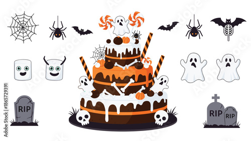 Multi-tiered Halloween cake decorated with ghosts, bones, and pumpkins, surrounded by spooky marshmallows, tombstones, and spiders.