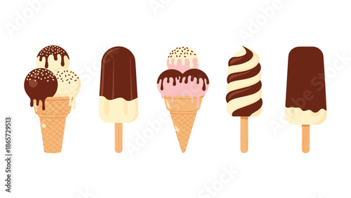 Selection of classic ice cream treats including multi-scoop cones, chocolate-dipped popsicles, and a swirled ice cream stick.