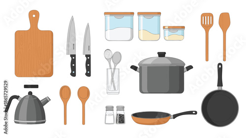 Professional set of kitchen essentials including cutting board, knives, pots, pans, kettle, containers, and various wooden utensils.