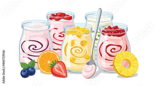 Delightful jars of fruit yogurt with swirls of blueberry, strawberry, mango, and cherry, decorated with fresh slices of fruit.