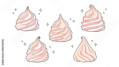 Delicate pink and white swirled meringue cookies decorated with twinkling golden stars on a clean white background.
