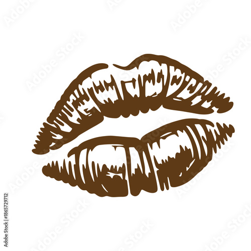 Vintage Brown lipstick kiss mark or lips print symbol isolated on white background