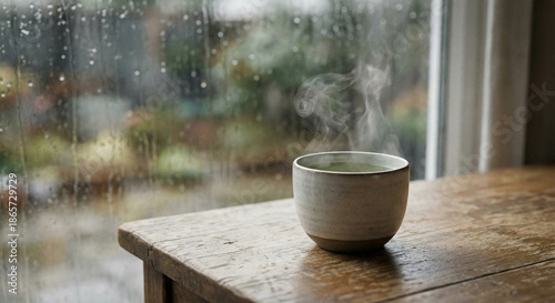 Green tea in a clear glass cup placed next to a window