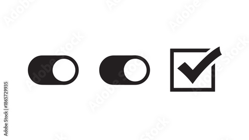 Toggle buttons and checkbox with checkmark in simple flat design with black color on white background for user interface