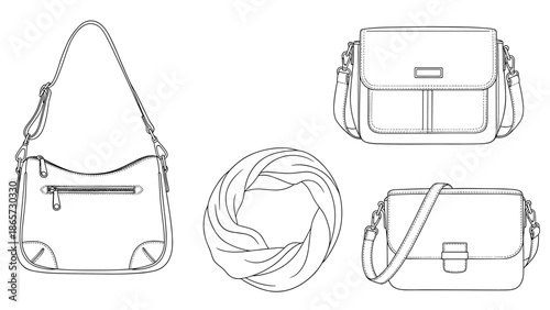 Line art illustrations of various women's fashion accessories including different styles of handbags, crossbody bags, and a scarf.