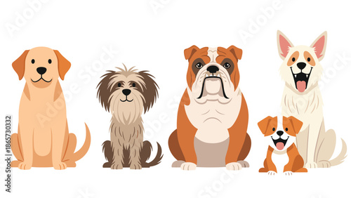 Group of diverse dog breeds sitting together including a labrador, bulldog, and corgi puppy represented in a flat vector style.