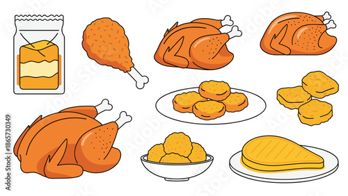 Assorted cooked chicken dishes featuring whole roasted poultry, fried nuggets, crispy drumsticks, and grilled fillets on plates.