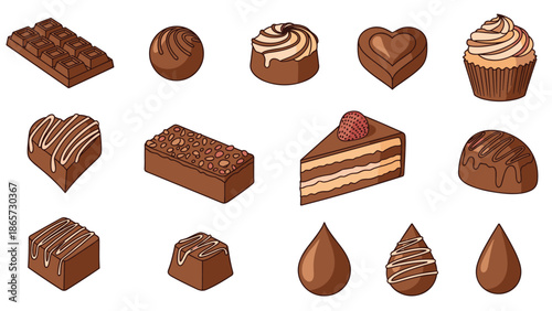 Selection of gourmet chocolate treats including truffles, bars, cupcakes, heart shapes, and cake slices for dessert lovers.