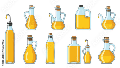 Collection of different glass bottles filled with golden olive oil or vegetable oil for cooking and culinary applications.