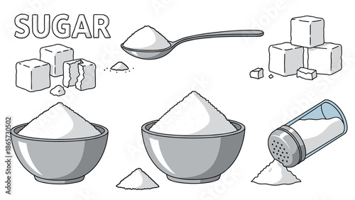Various forms of sugar including cubes, heaps in bowls, on a spoon, and being poured from a glass shaker for sweetening food items.
