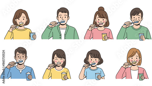 Illustrated set of people of different ages and genders brushing their teeth with toothbrushes and holding water cups for hygiene.