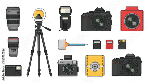 Professional photography equipment set featuring dslr cameras, lenses, tripod, memory cards, flash, and cleaning tools on white.