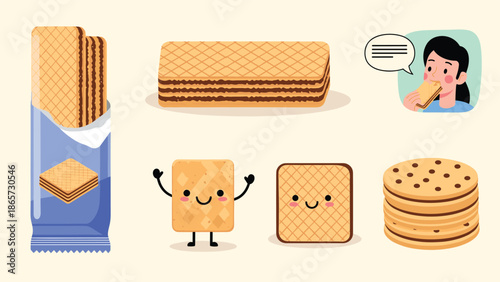 Sweet snack collection featuring chocolate wafers, biscuits, and cute cookie characters alongside a girl eating a delicious wafer.