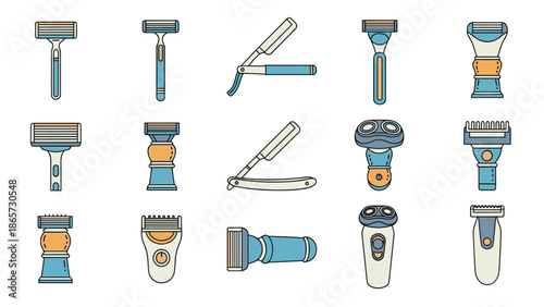 Men's grooming tools set featuring different types of razors including disposable, straight edge, and electric shavers on white.