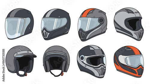 Collection of motorcycle helmets in various styles and colors including full face and open face designs for rider safety and gear.