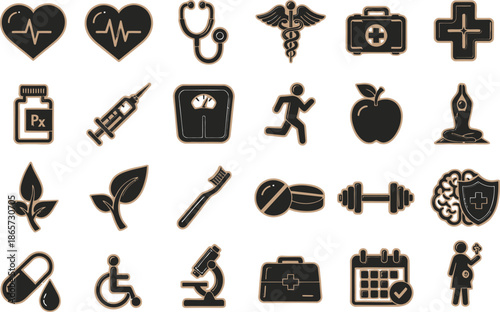 Medical & Healthcare Icons Set – Health, Fitness, Medicine, Diagnosis (Black & Gold)