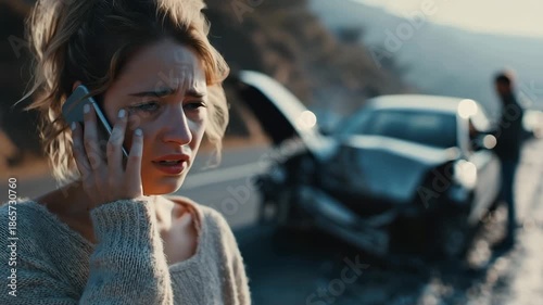 A young woman with crying and panic heavily while holding a smartphone to her ear, standing alone, with the road after the car collision