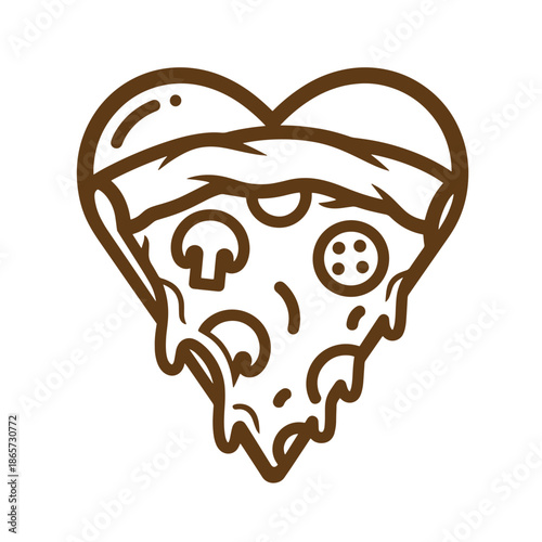 Vintage heart shaped slice of pizza with melted cheese and toppings isolated on white background