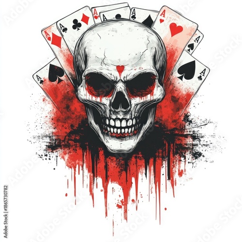 Detailed of a sinister joker skull with playing cards in a gothic dark humor style isolated on a white background  The image has a and creepy aesthetic perfect for t shirt designs posters