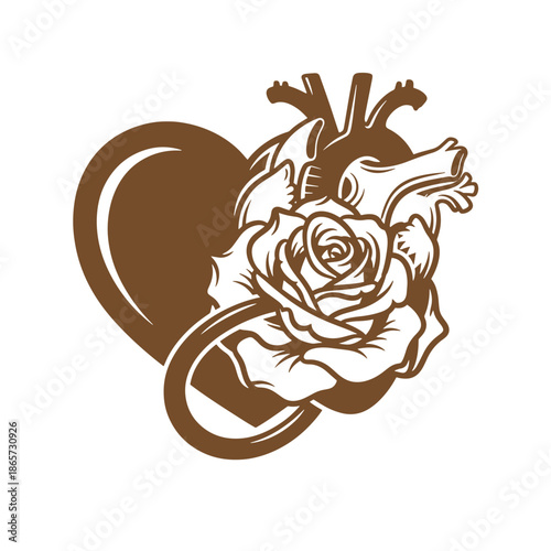 Vintage heart with a rose and anatomic organ  symbol of love and health  medical and romantic concept