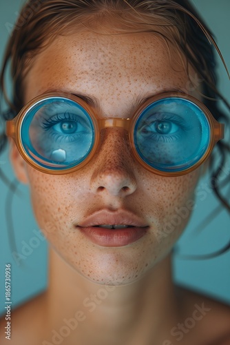 Young woman with blue round glasses in a close-up portrait against a light background