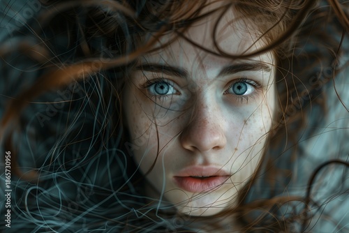 Portrait of a person with striking blue eyes and flowing hair captured in a close up view on a neutral background