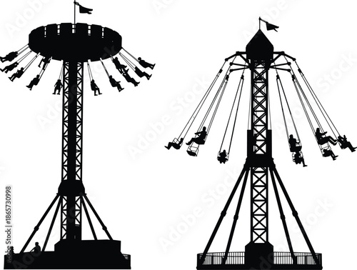 Amusement park swing ride silhouette with people flying, thrill fun attraction, carnival entertainment concept, black vector illustration design isolated icon