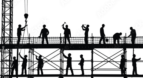 Construction workers silhouette on scaffolding, industrial building site teamwork, engineering labor, safety, urban development, infrastructure progress, black and white concept